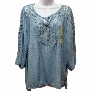 NWT Bohemian Crochet Sheer Lace Bila Top Light Blue Blouse Size Large